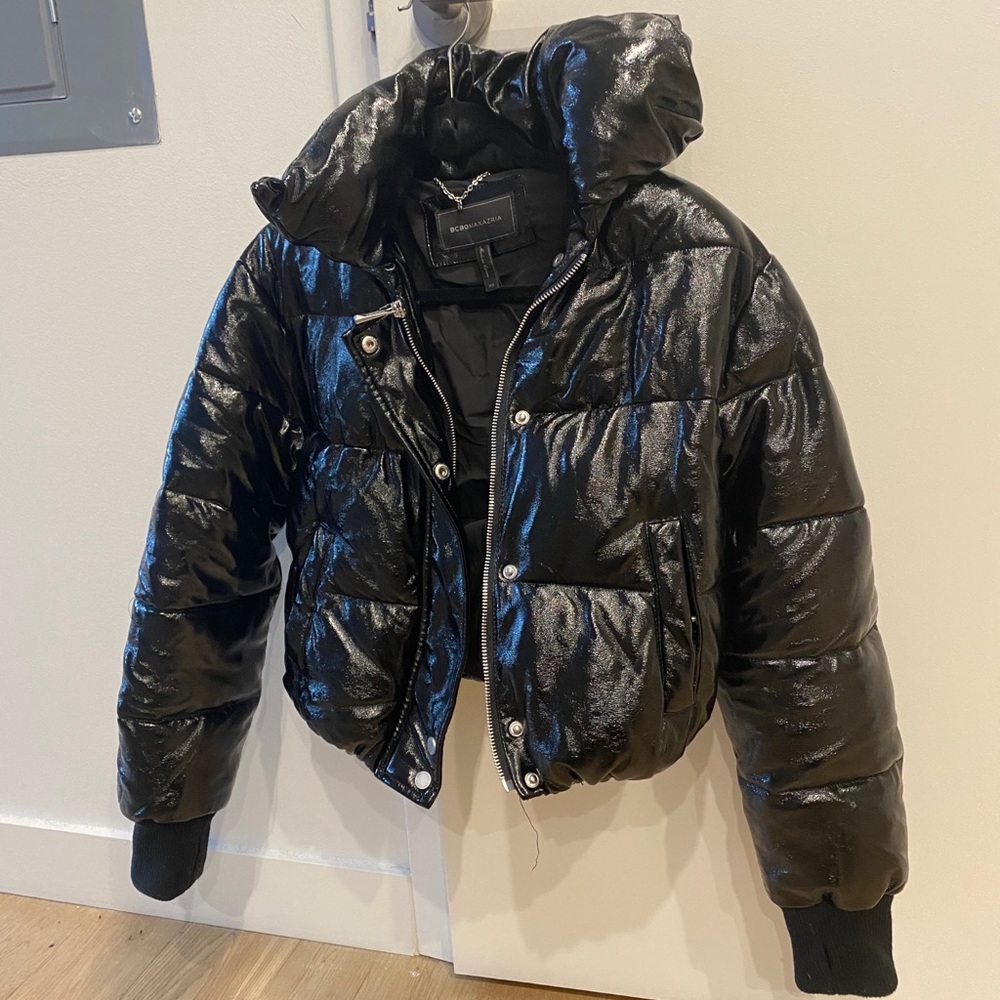 Cropped Black Faux Leather puffer jacket